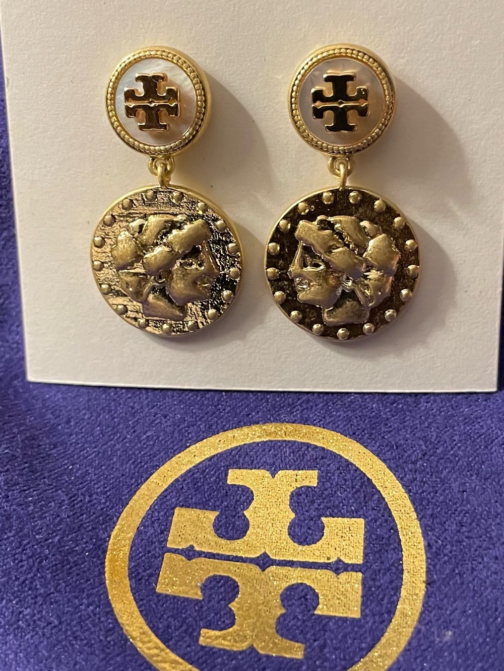 Tory Burch Antique Gold Medallion Drop Earrings - Picture 2 of 3